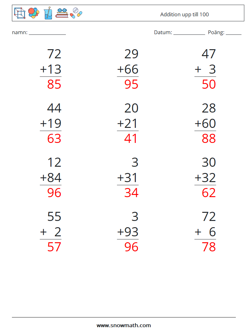 (12) Addition upp till 100 Matematiska arbetsblad 2 Fråga, svar