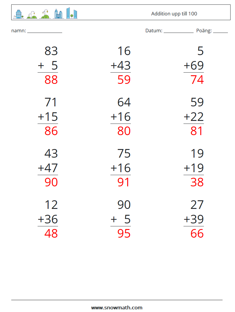 (12) Addition upp till 100 Matematiska arbetsblad 3 Fråga, svar