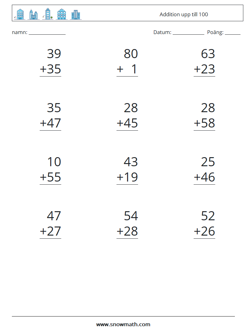 (12) Addition upp till 100 Matematiska arbetsblad 4