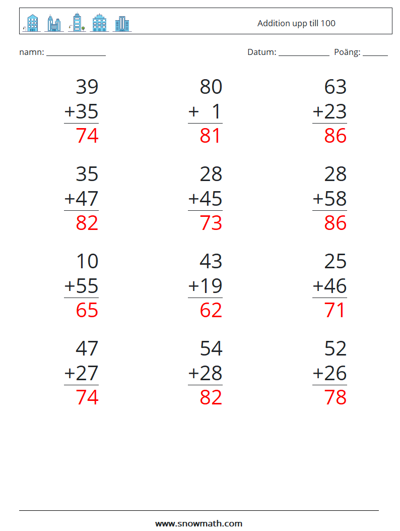 (12) Addition upp till 100 Matematiska arbetsblad 4 Fråga, svar