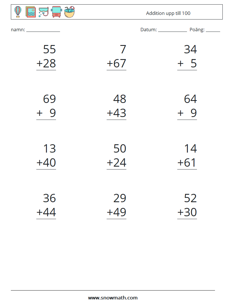 (12) Addition upp till 100 Matematiska arbetsblad 5