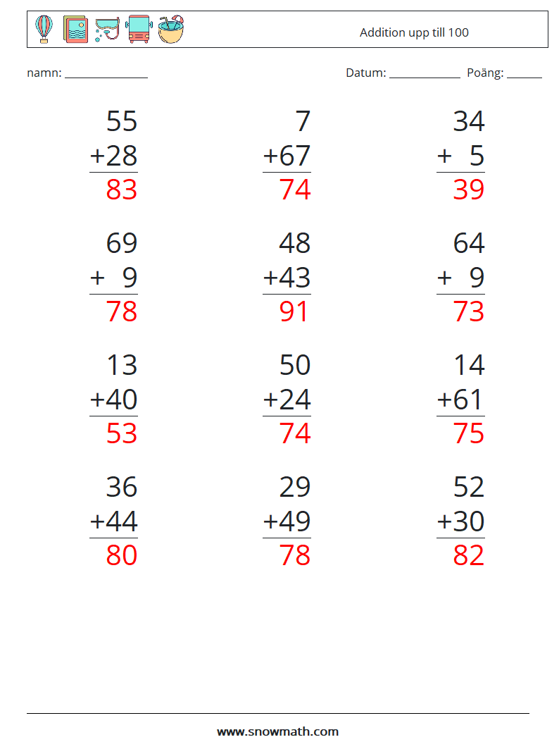 (12) Addition upp till 100 Matematiska arbetsblad 5 Fråga, svar