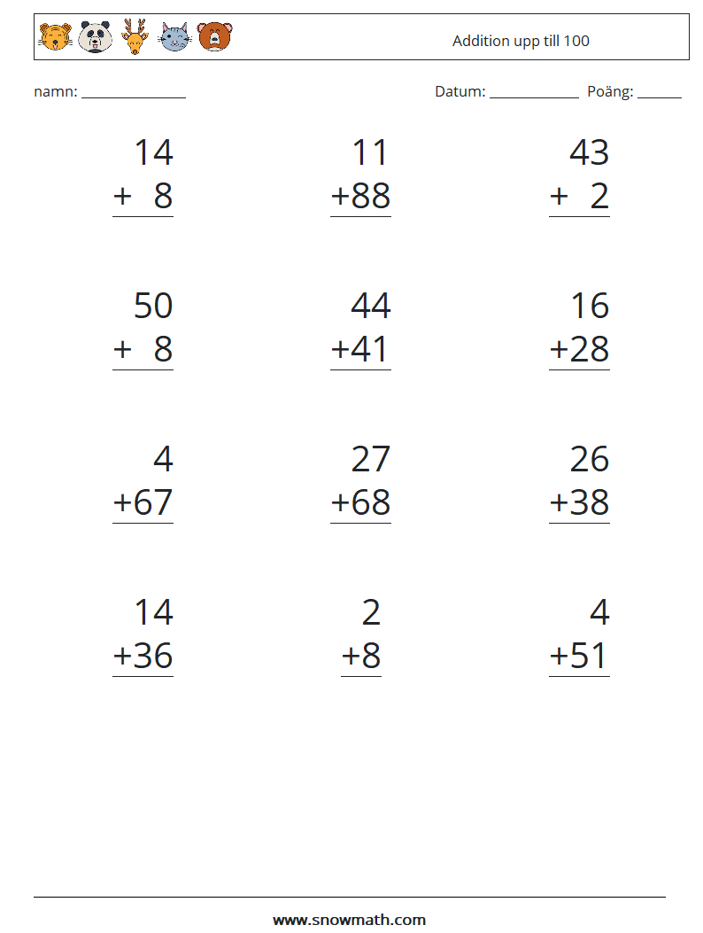 (12) Addition upp till 100 Matematiska arbetsblad 6