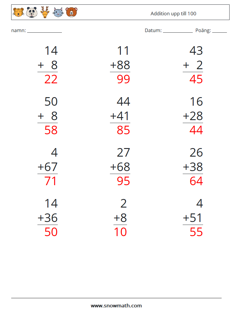 (12) Addition upp till 100 Matematiska arbetsblad 6 Fråga, svar