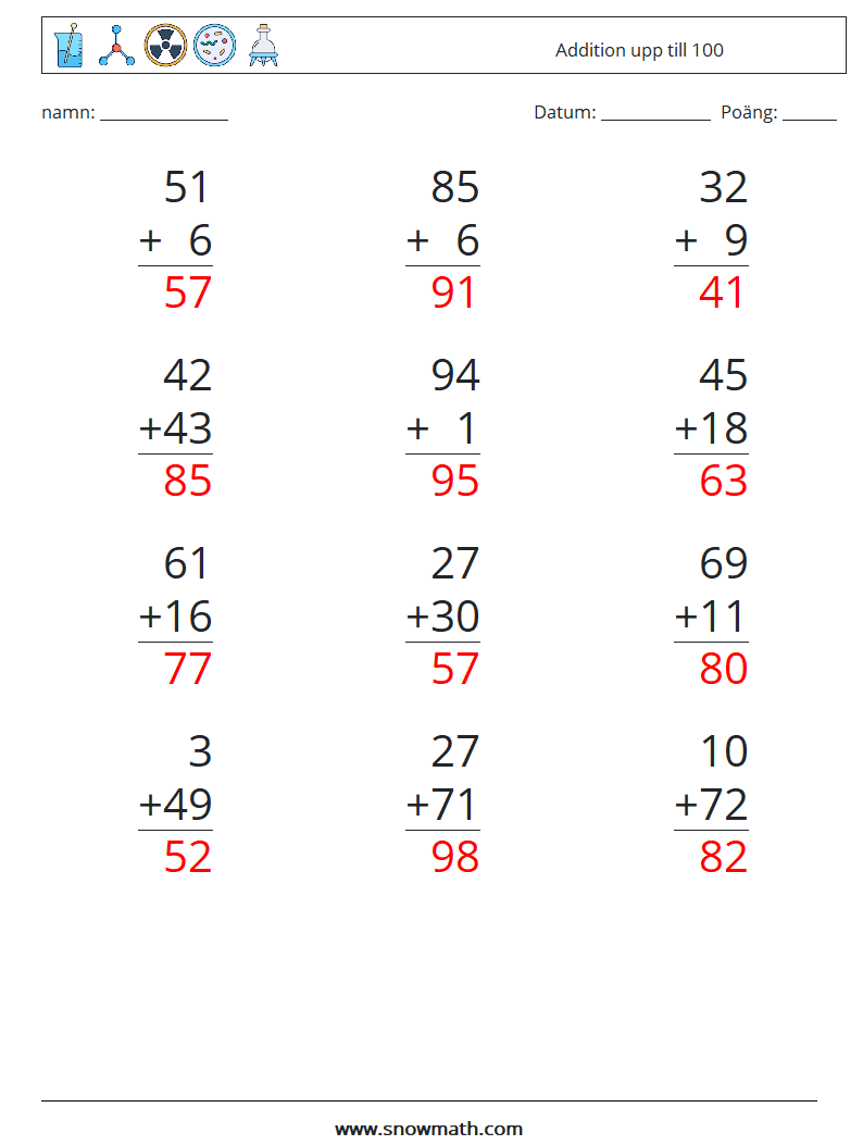 (12) Addition upp till 100 Matematiska arbetsblad 7 Fråga, svar