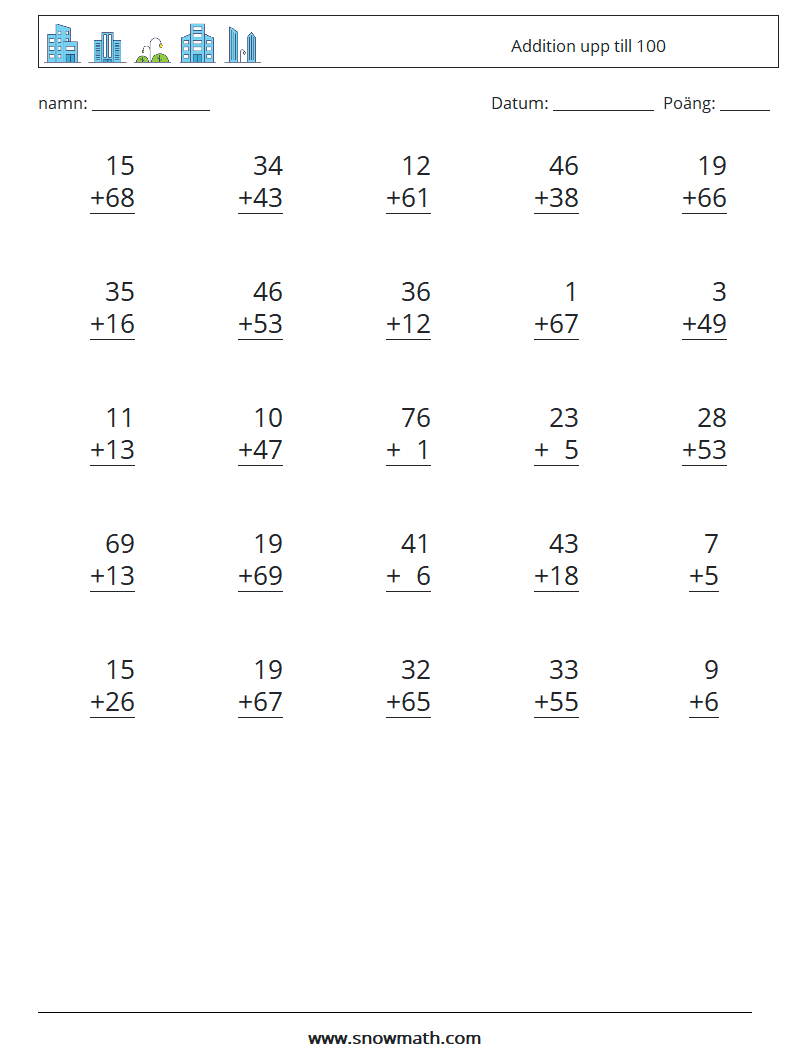 (25) Addition upp till 100 Matematiska arbetsblad 1