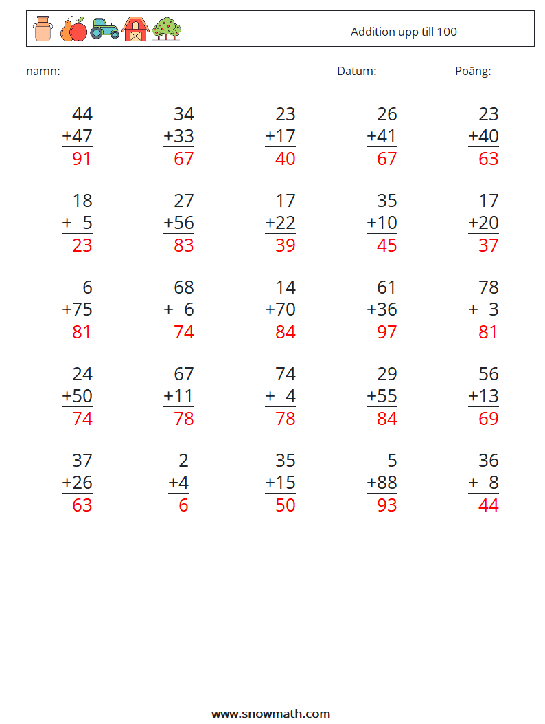 (25) Addition upp till 100 Matematiska arbetsblad 11 Fråga, svar