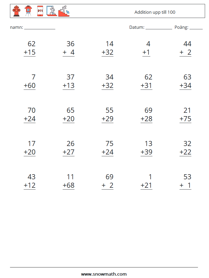 (25) Addition upp till 100 Matematiska arbetsblad 12