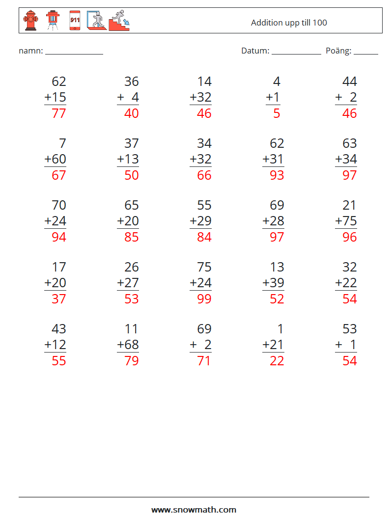 (25) Addition upp till 100 Matematiska arbetsblad 12 Fråga, svar