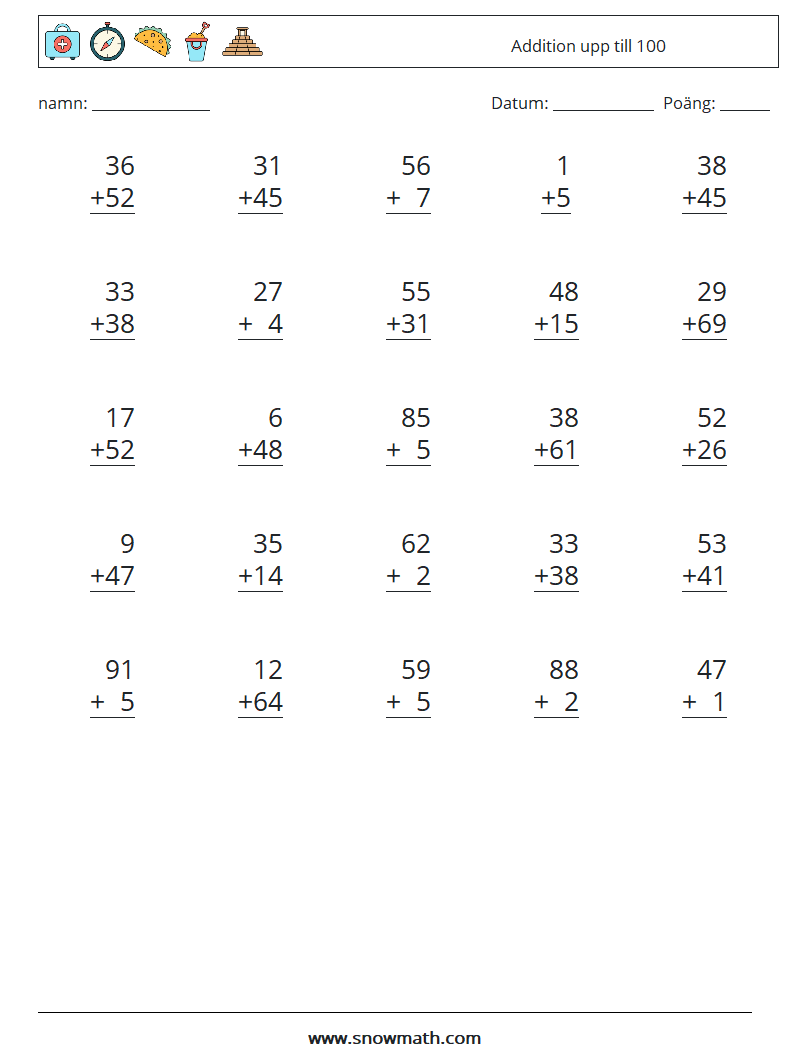 (25) Addition upp till 100 Matematiska arbetsblad 13