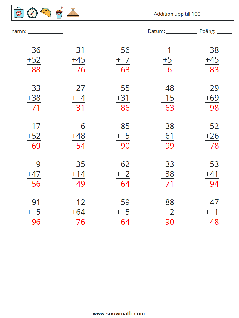 (25) Addition upp till 100 Matematiska arbetsblad 13 Fråga, svar