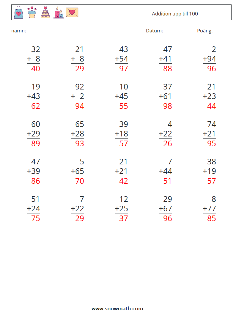 (25) Addition upp till 100 Matematiska arbetsblad 14 Fråga, svar