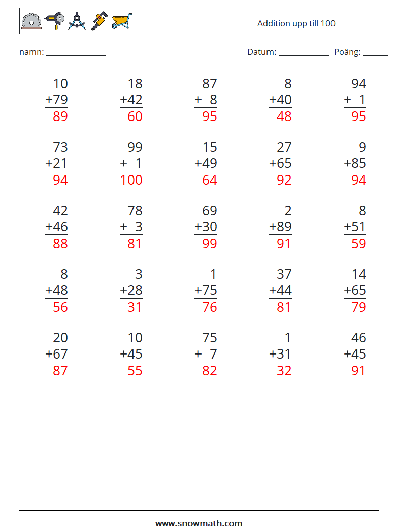 (25) Addition upp till 100 Matematiska arbetsblad 16 Fråga, svar