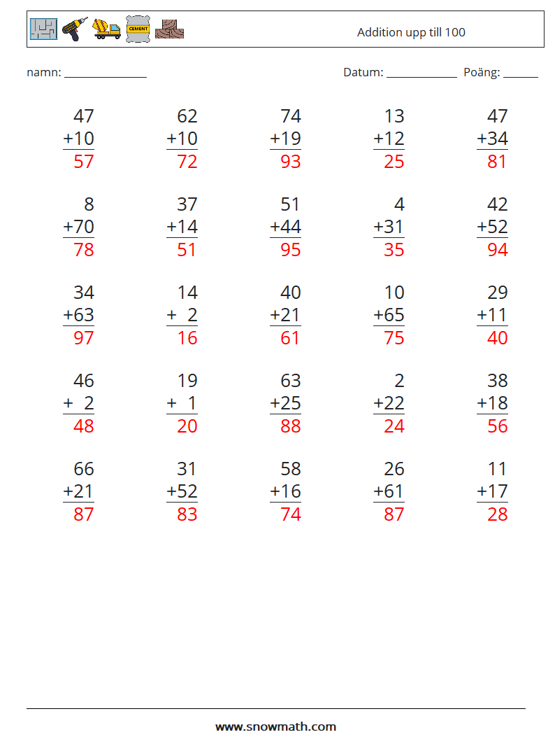 (25) Addition upp till 100 Matematiska arbetsblad 17 Fråga, svar