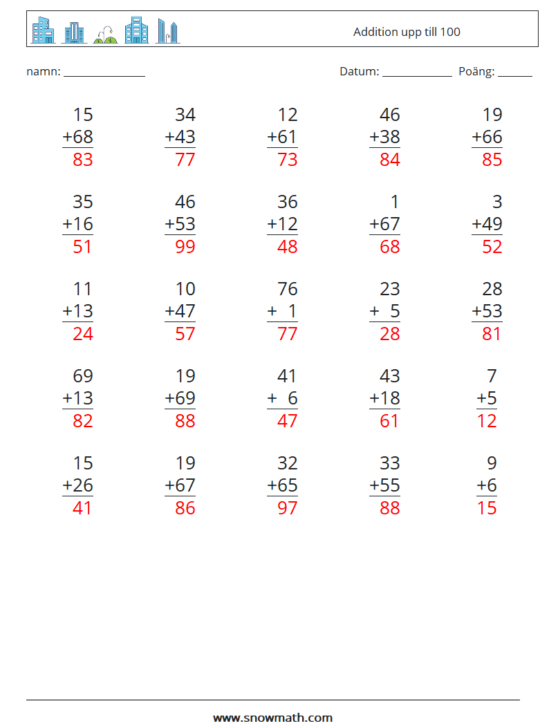 (25) Addition upp till 100 Matematiska arbetsblad 1 Fråga, svar