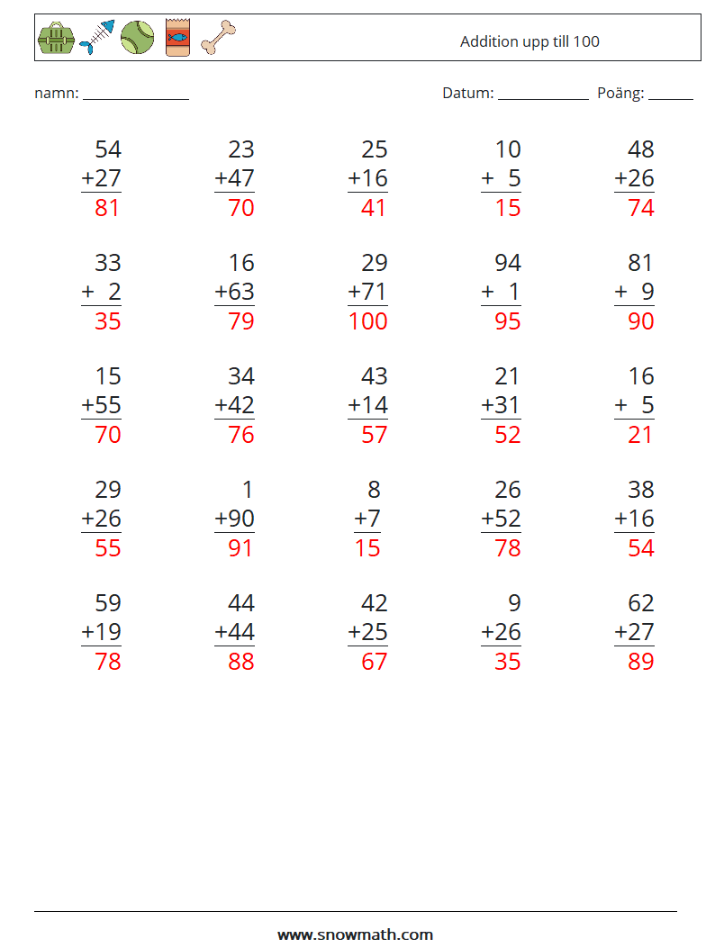 (25) Addition upp till 100 Matematiska arbetsblad 2 Fråga, svar