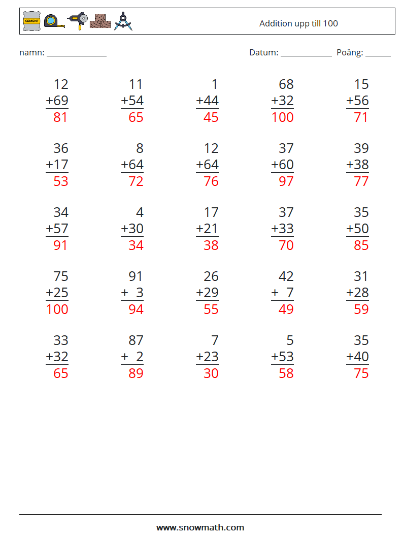 (25) Addition upp till 100 Matematiska arbetsblad 3 Fråga, svar