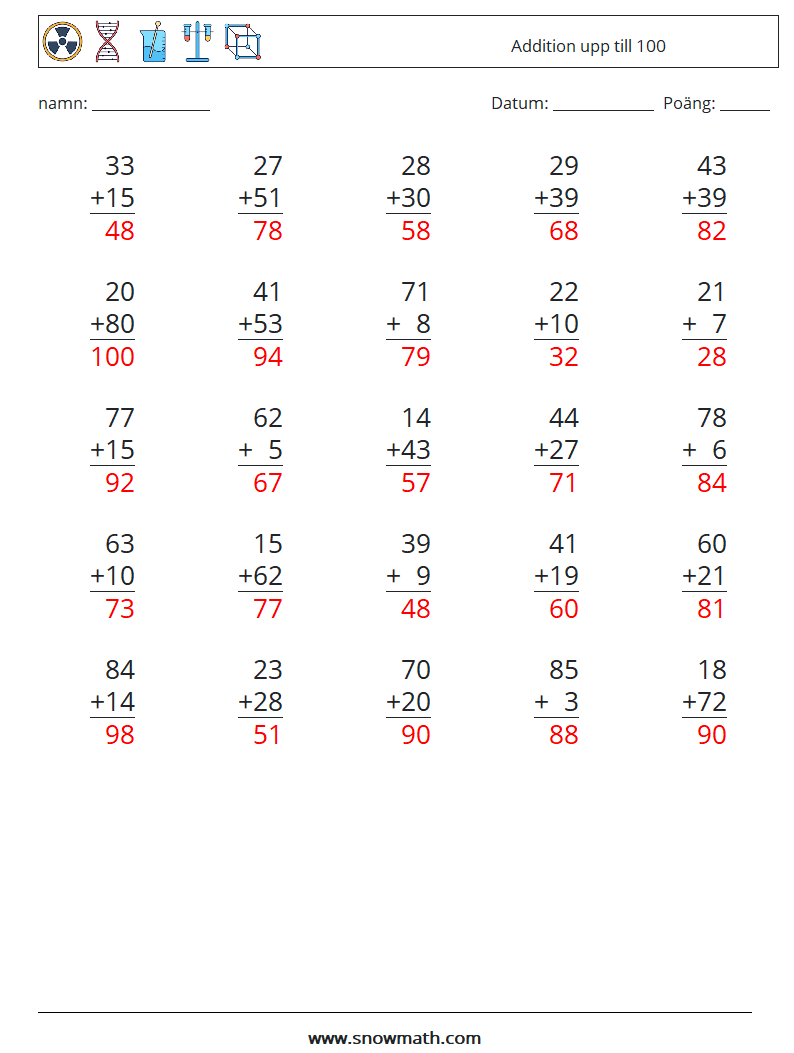 (25) Addition upp till 100 Matematiska arbetsblad 4 Fråga, svar