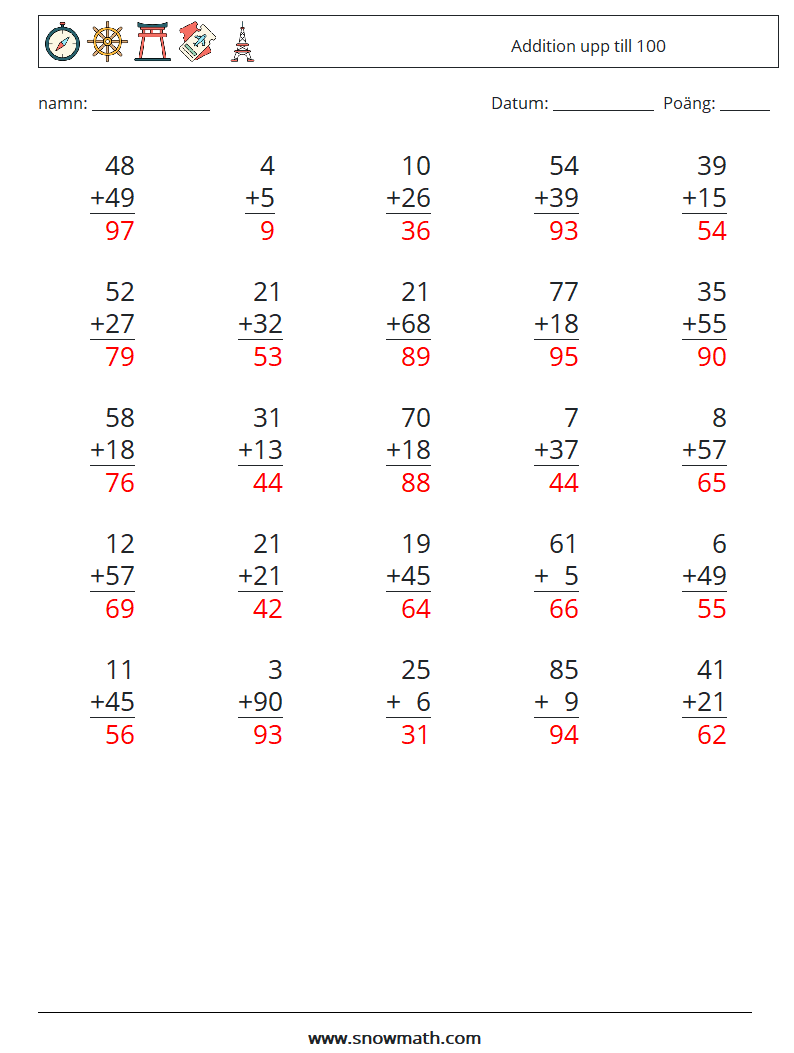 (25) Addition upp till 100 Matematiska arbetsblad 5 Fråga, svar