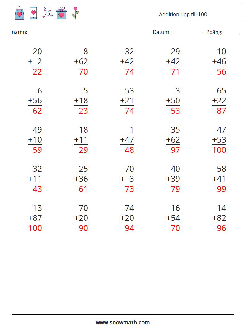 (25) Addition upp till 100 Matematiska arbetsblad 6 Fråga, svar