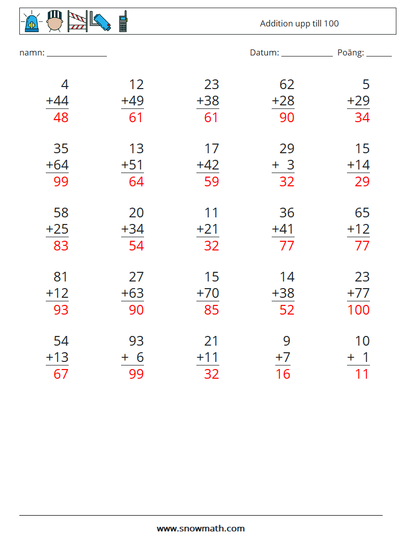 (25) Addition upp till 100 Matematiska arbetsblad 8 Fråga, svar