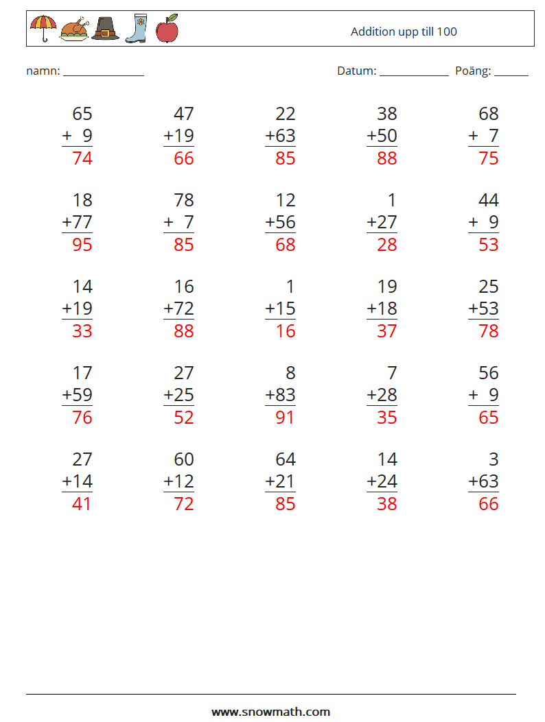 (25) Addition upp till 100 Matematiska arbetsblad 9 Fråga, svar