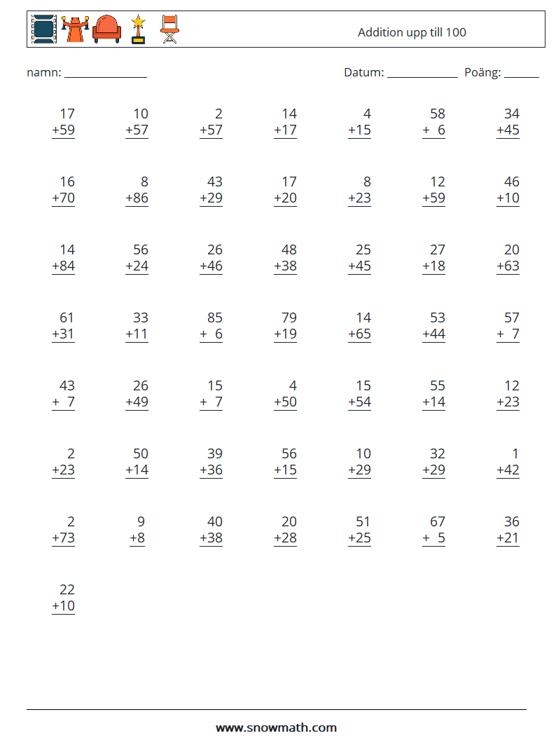 (50) Addition upp till 100 Matematiska arbetsblad 1