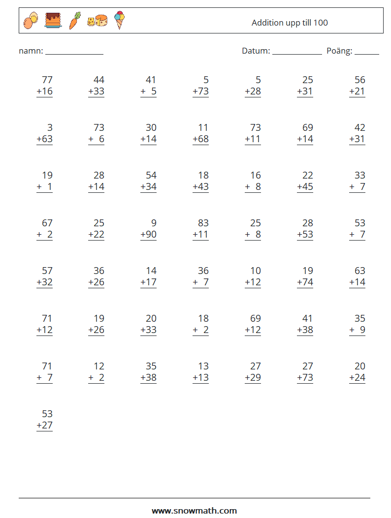 (50) Addition upp till 100 Matematiska arbetsblad 10
