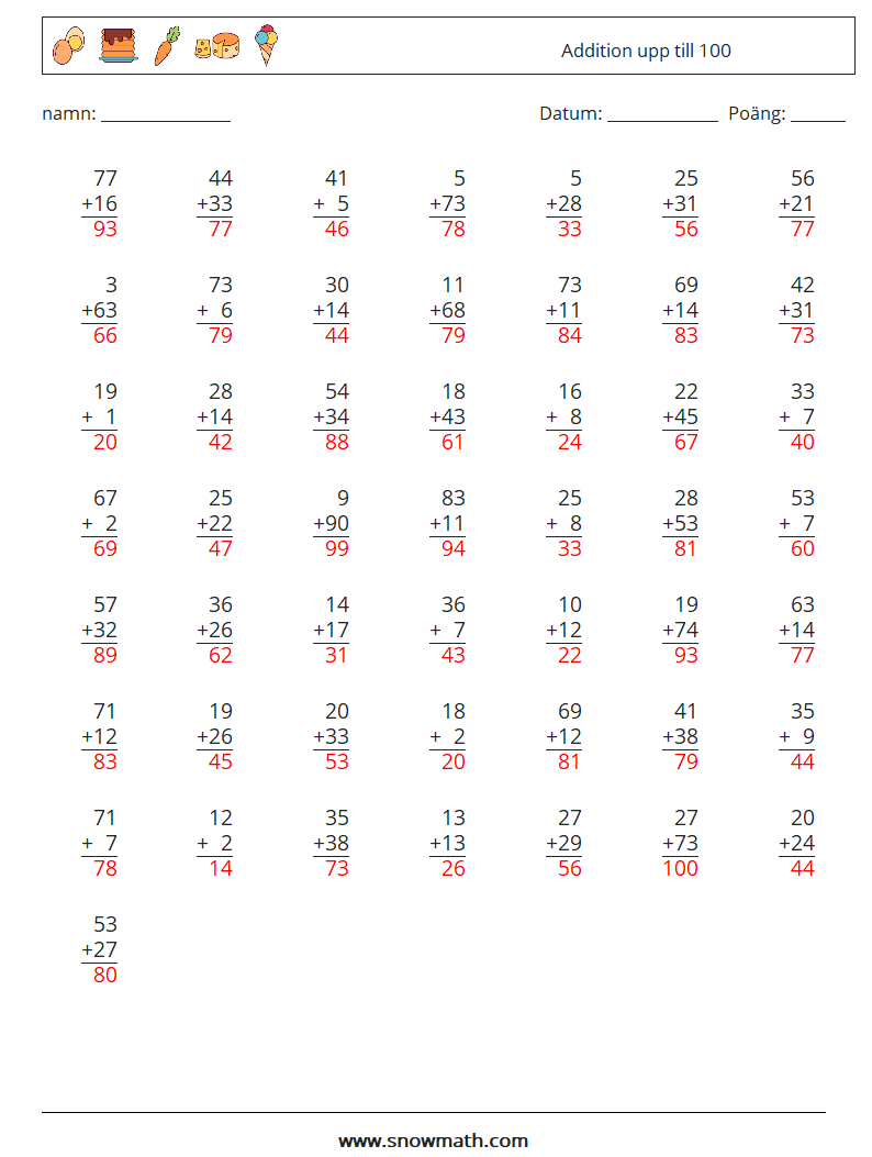 (50) Addition upp till 100 Matematiska arbetsblad 10 Fråga, svar