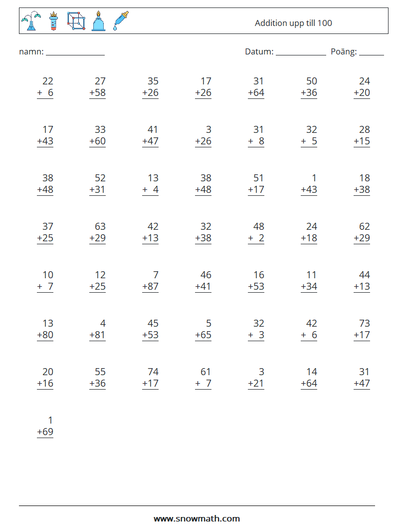 (50) Addition upp till 100 Matematiska arbetsblad 12