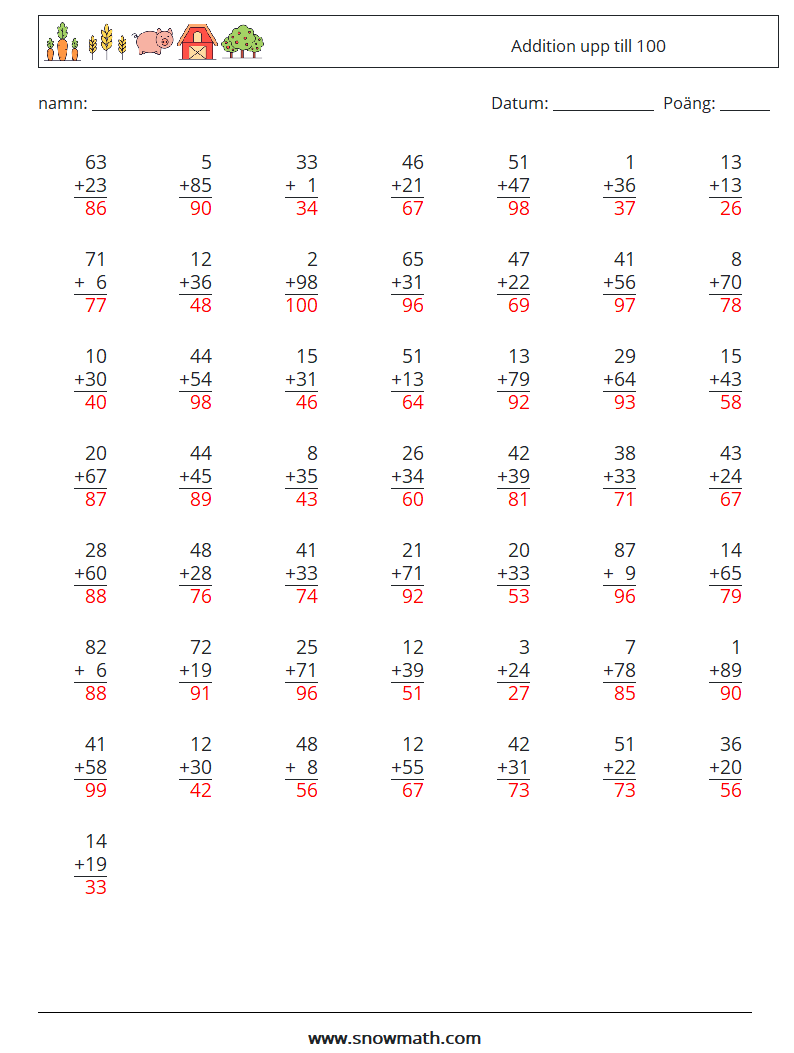 (50) Addition upp till 100 Matematiska arbetsblad 13 Fråga, svar