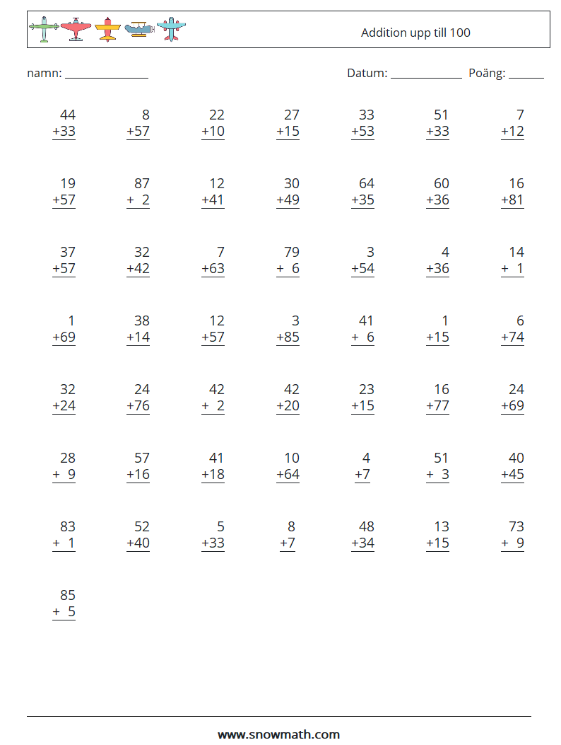 (50) Addition upp till 100 Matematiska arbetsblad 14