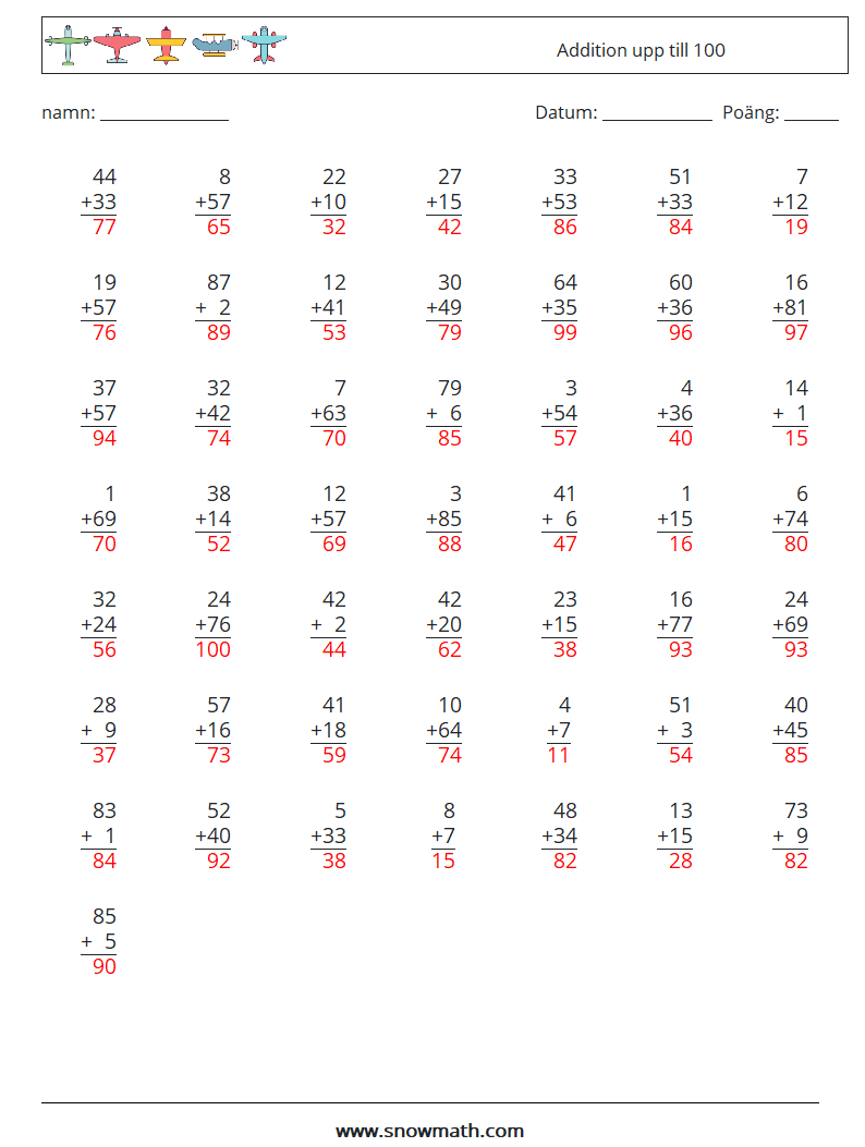 (50) Addition upp till 100 Matematiska arbetsblad 14 Fråga, svar