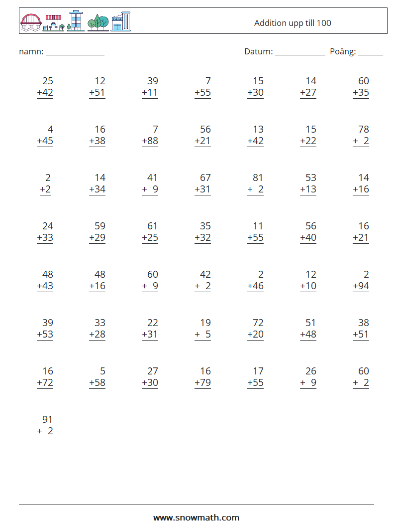 (50) Addition upp till 100 Matematiska arbetsblad 15