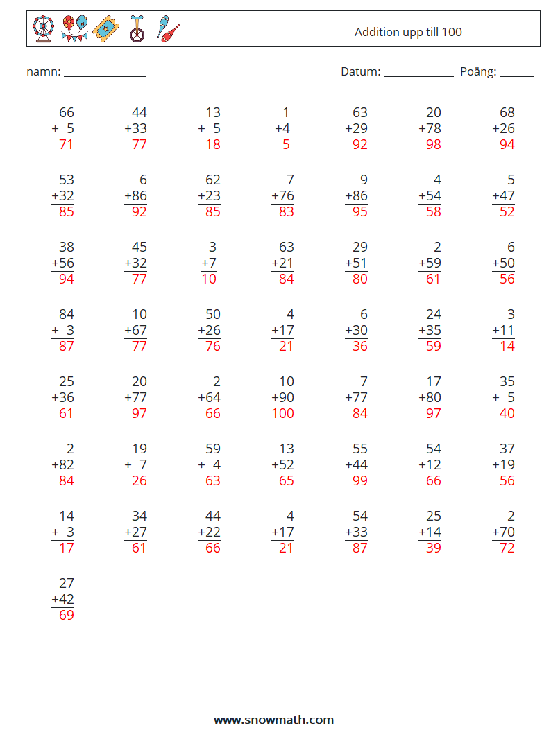 (50) Addition upp till 100 Matematiska arbetsblad 16 Fråga, svar