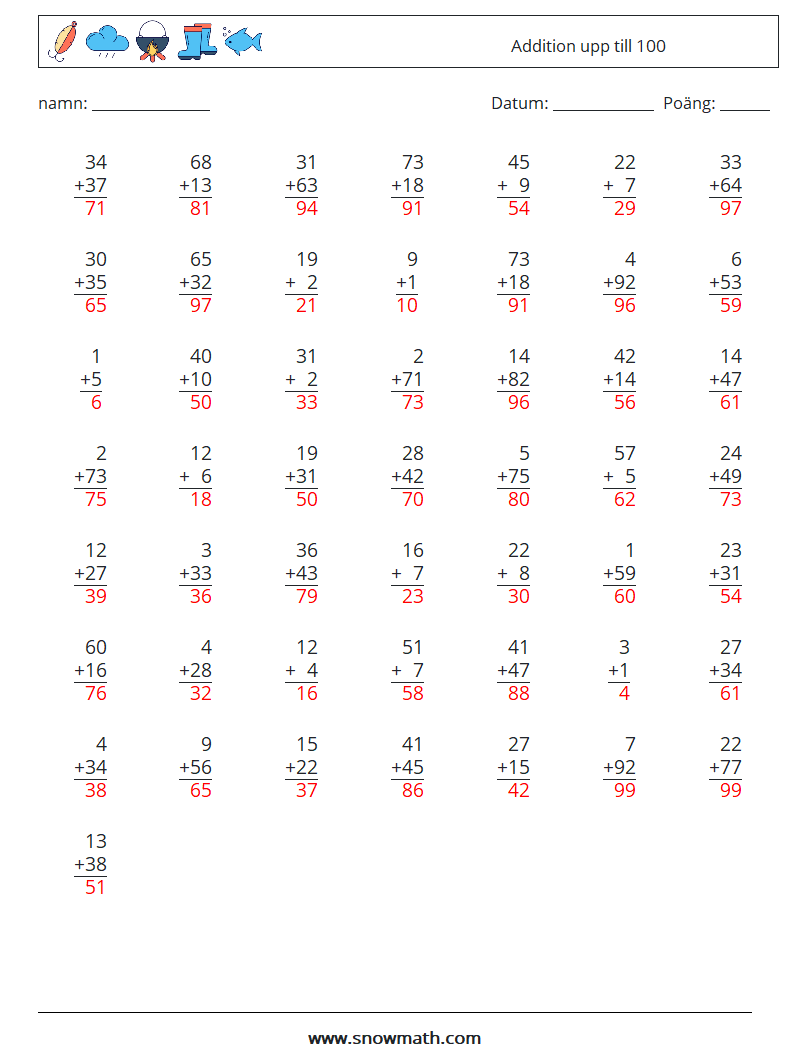 (50) Addition upp till 100 Matematiska arbetsblad 17 Fråga, svar