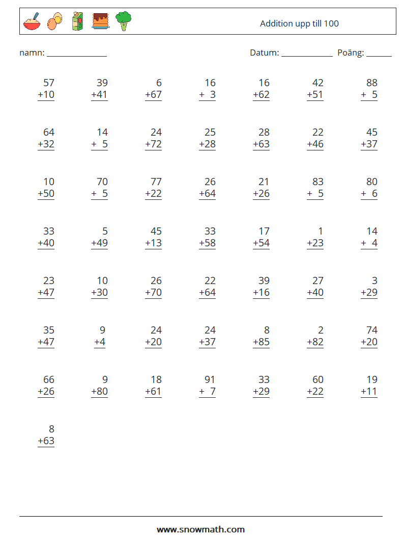 (50) Addition upp till 100 Matematiska arbetsblad 18