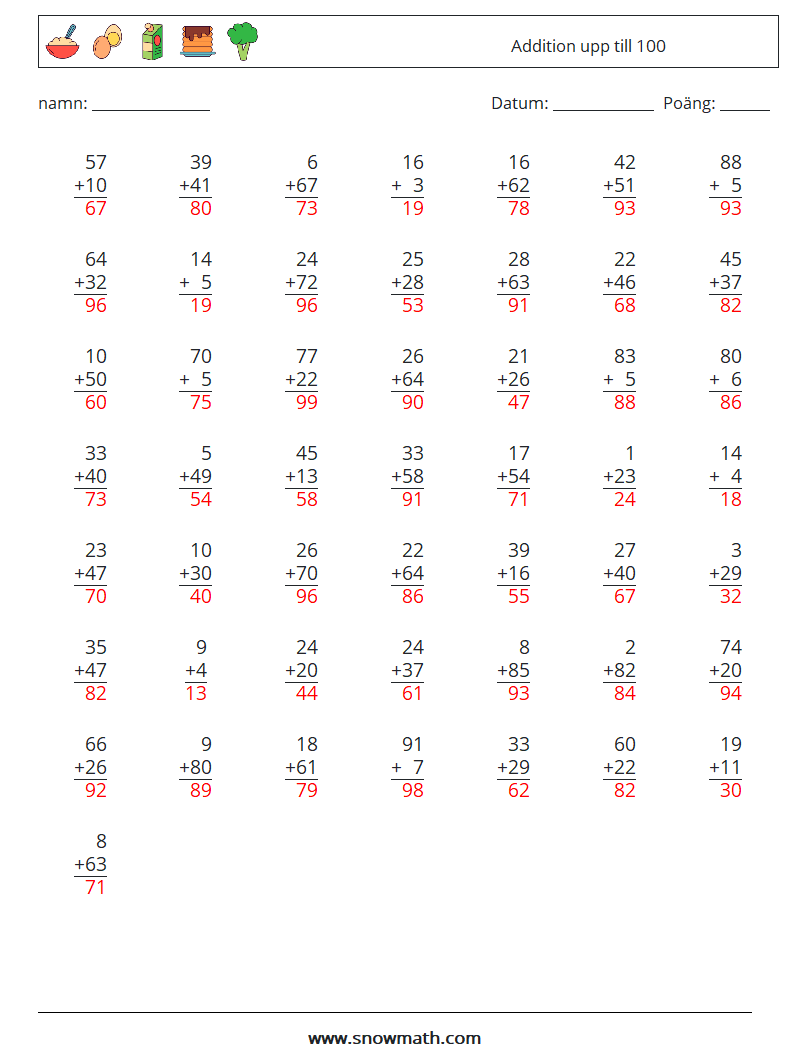 (50) Addition upp till 100 Matematiska arbetsblad 18 Fråga, svar