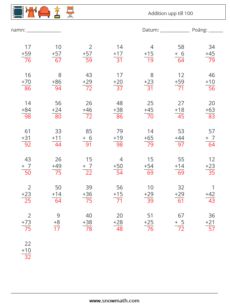 (50) Addition upp till 100 Matematiska arbetsblad 1 Fråga, svar