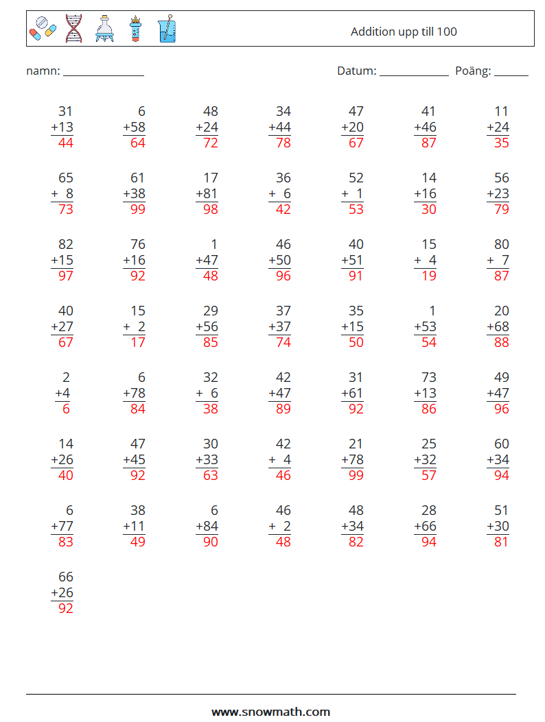 (50) Addition upp till 100 Matematiska arbetsblad 2 Fråga, svar