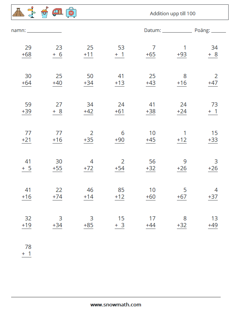 (50) Addition upp till 100 Matematiska arbetsblad 3