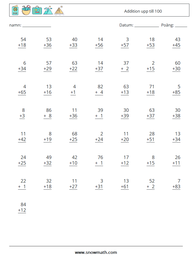(50) Addition upp till 100 Matematiska arbetsblad 4