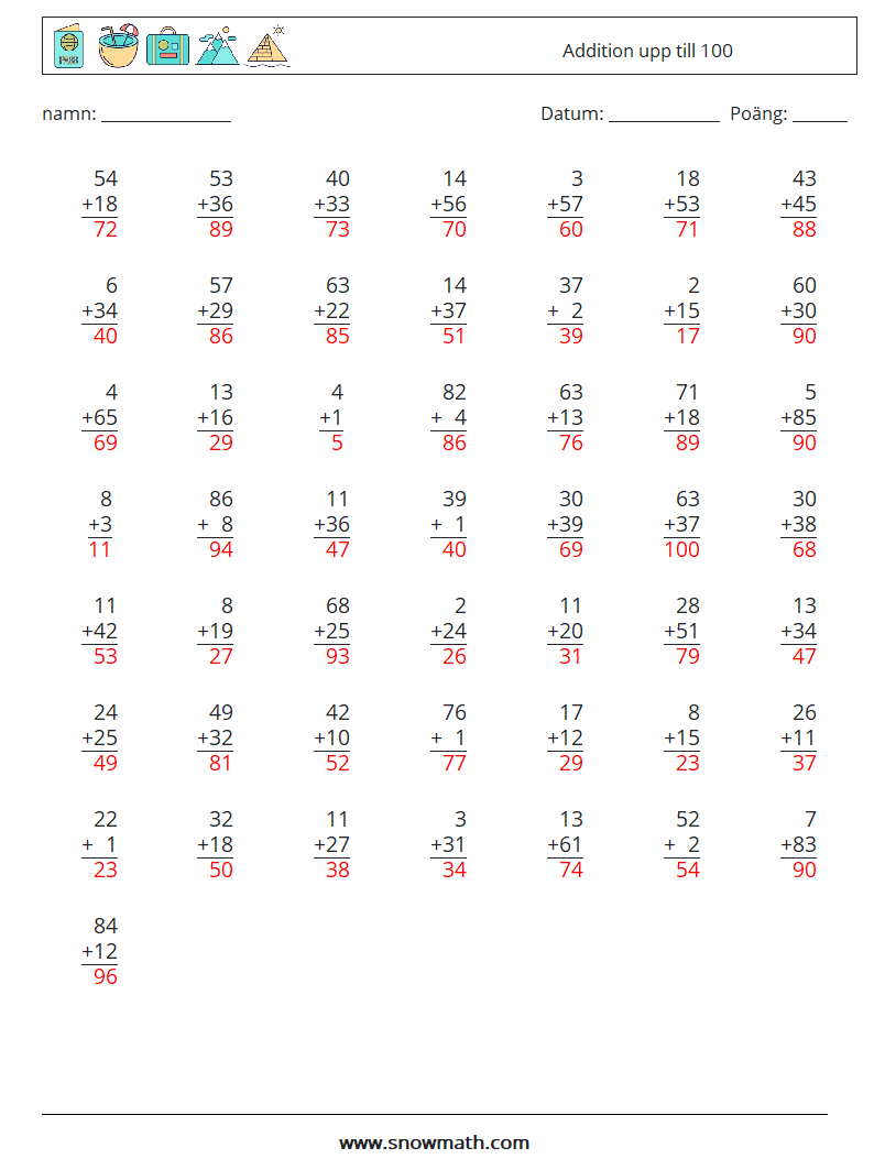 (50) Addition upp till 100 Matematiska arbetsblad 4 Fråga, svar