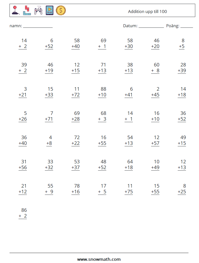 (50) Addition upp till 100 Matematiska arbetsblad 5