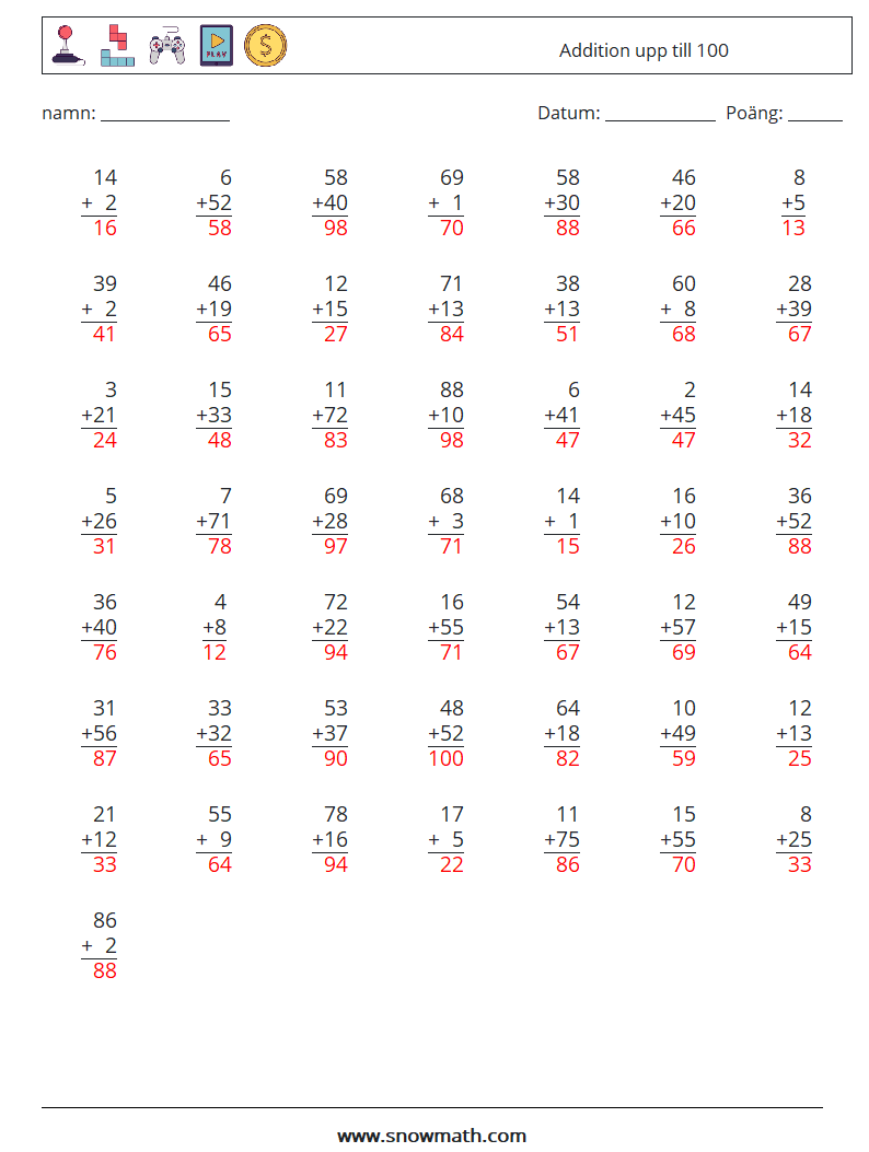 (50) Addition upp till 100 Matematiska arbetsblad 5 Fråga, svar