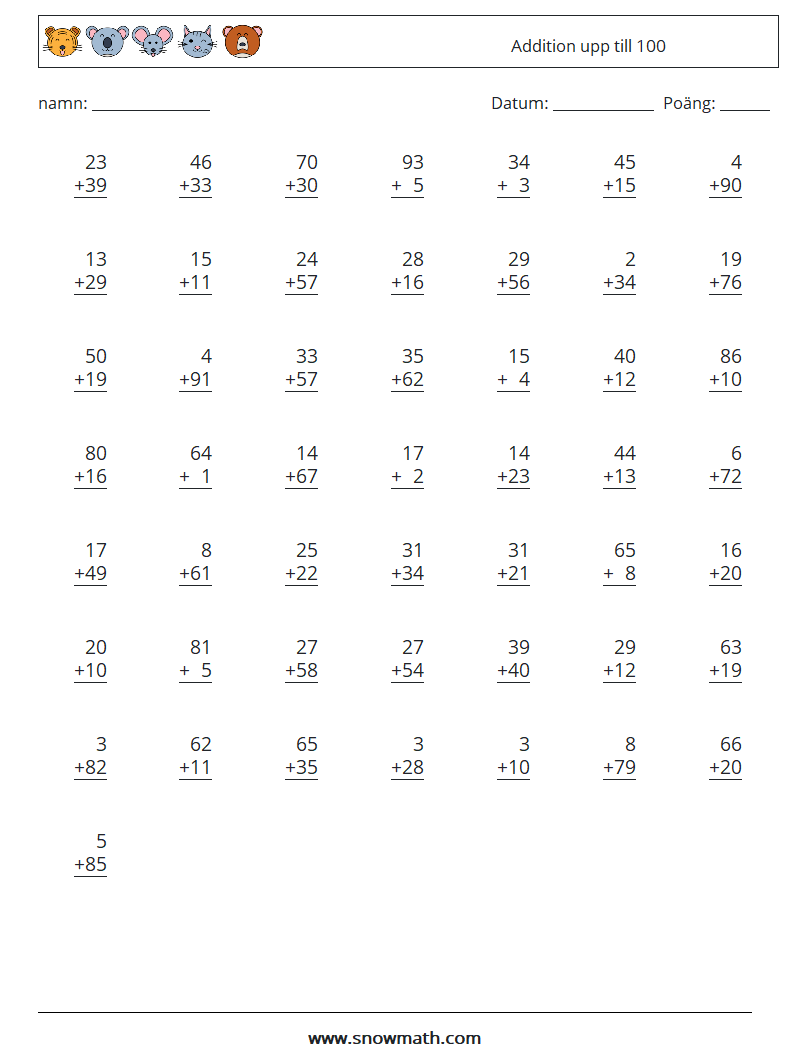 (50) Addition upp till 100 Matematiska arbetsblad 6
