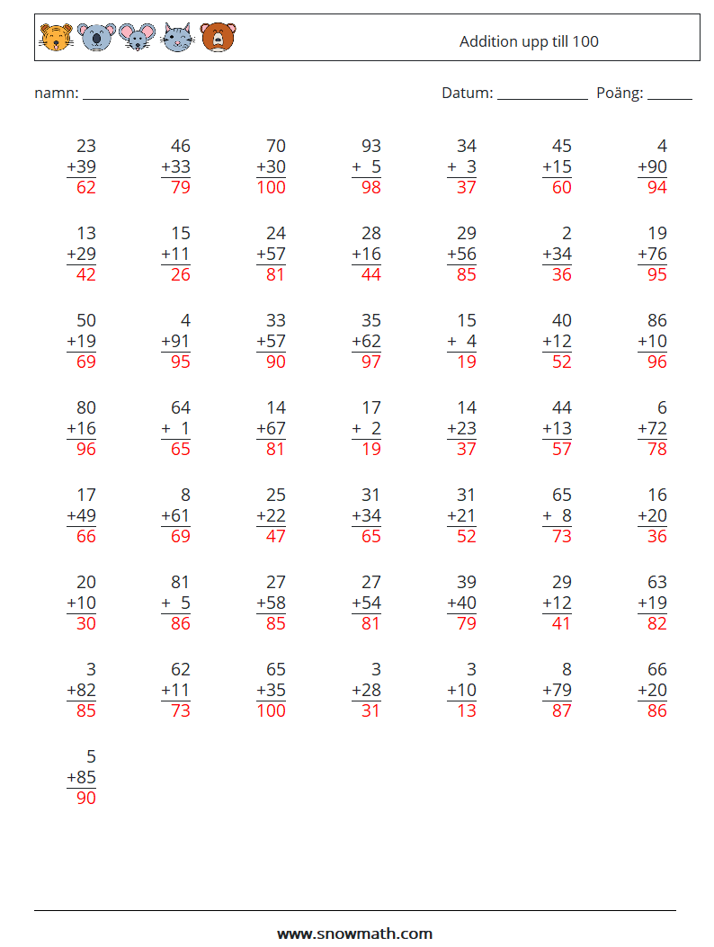 (50) Addition upp till 100 Matematiska arbetsblad 6 Fråga, svar