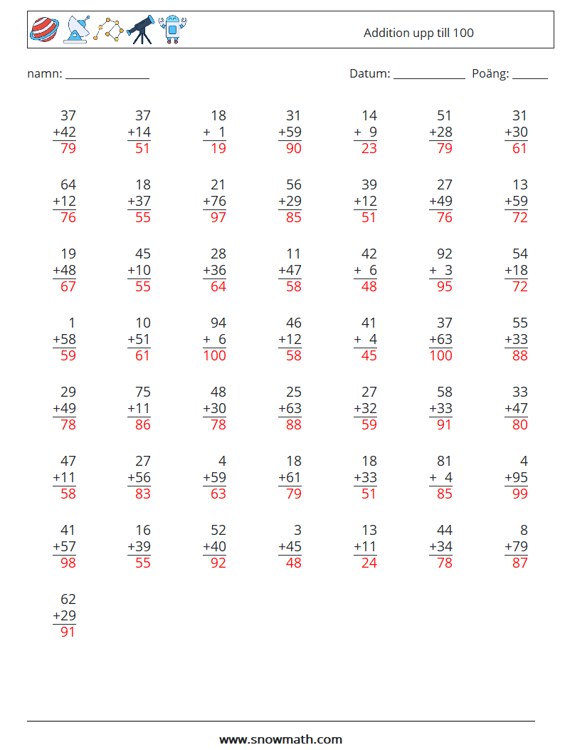 (50) Addition upp till 100 Matematiska arbetsblad 7 Fråga, svar