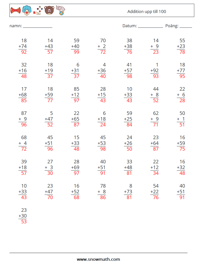 (50) Addition upp till 100 Matematiska arbetsblad 8 Fråga, svar