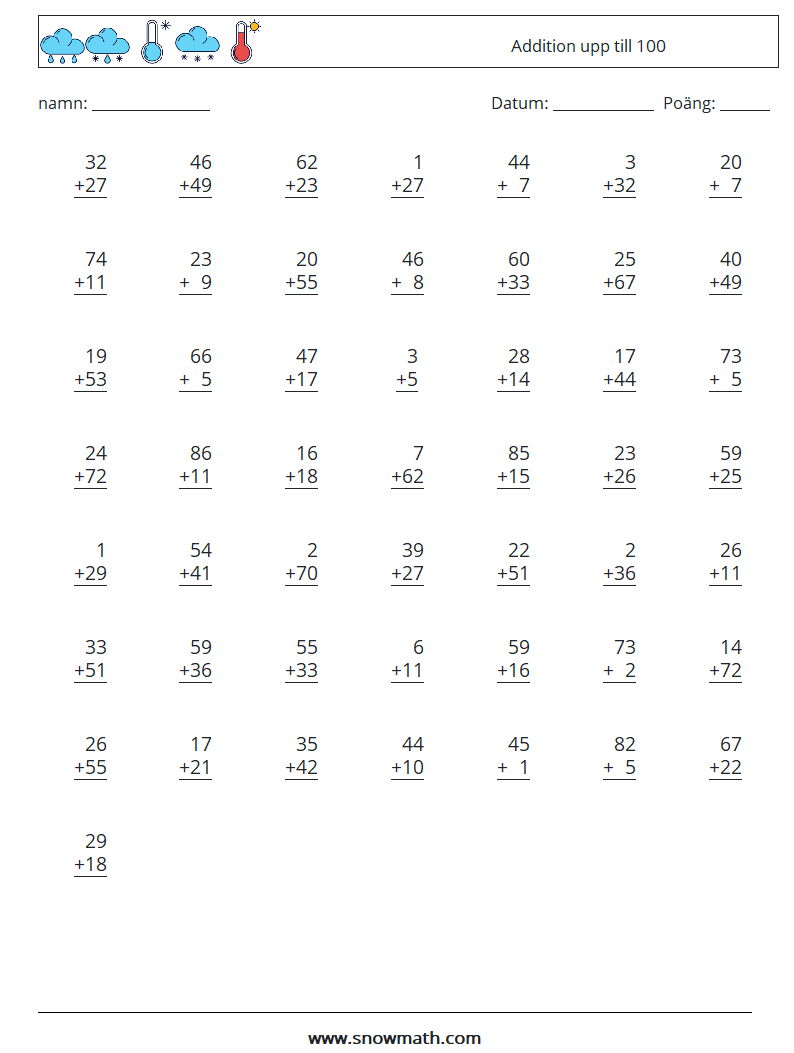 (50) Addition upp till 100 Matematiska arbetsblad 9